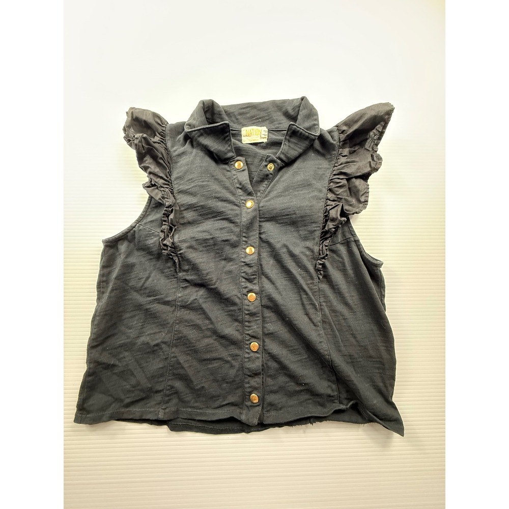 NATION LTD Black Cotton Ruffle Sleeveless Button Down Top Small Slub Knit Peru‎